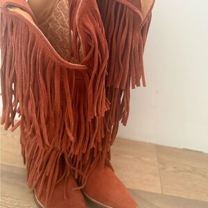 dingo Fringe Over-The-Knee Suede Boots - Rust Orange